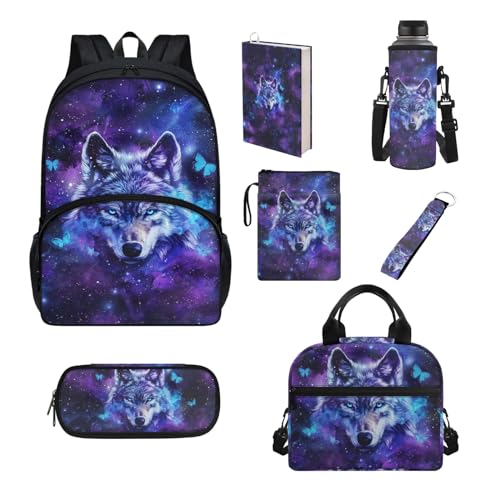 Howilath Schultaschen-Set für Jungen und Mädchen, großer Rucksack, Lunch-Tasche, Federmäppchen, Schulbedarf, Galaxy Wolf von Howilath