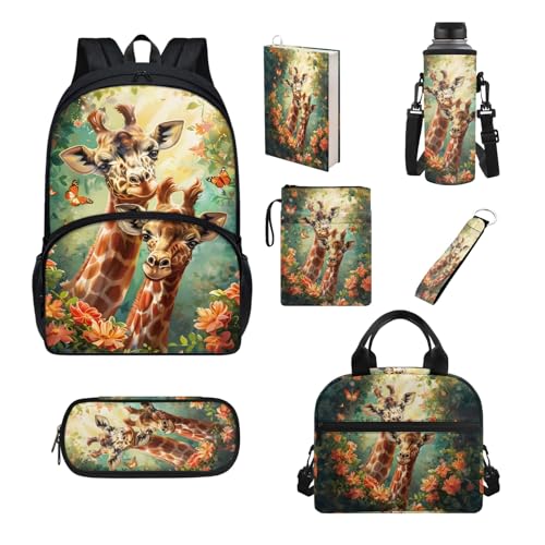 Howilath Schultaschen-Set für Jungen und Mädchen, großer Rucksack, Lunch-Tasche, Federmäppchen, Schulbedarf, Giraffe mit Blumenmuster von Howilath