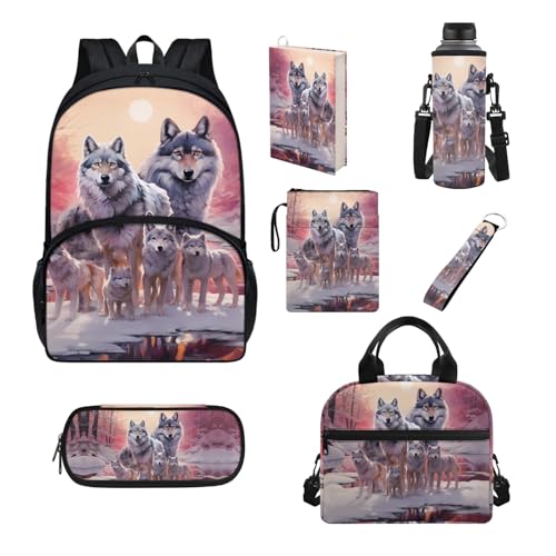 Howilath Schultaschen-Set für Jungen und Mädchen, großer Rucksack, Lunch-Tasche, Federmäppchen, Schulbedarf, Wolf Familie von Howilath