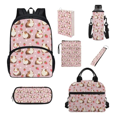 Howilath Schultaschen-Set für Kinder, isolierte Lunchtasche, Federmäppchen, Teenager, Mädchen, Schulbedarf, Buchhülle, Flaschenhülle, Erdbeer-Meerschweinchen von Howilath