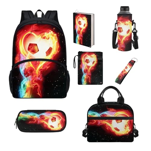 Howilath Schultaschen-Set für Kinder, isolierte Lunchtasche, Federmäppchen, Teenager, Mädchen, Schulbedarf, Buchhülle, Flaschenhülle, Feuerball Ball von Howilath