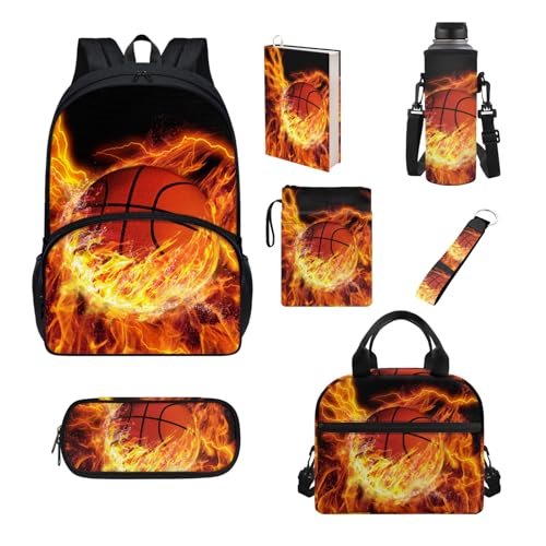 Howilath Schultaschen-Set für Kinder, isolierte Lunchtasche, Federmäppchen, Teenager, Mädchen, Schulbedarf, Buchhülle, Flaschenhülle, Flamme Basketball von Howilath