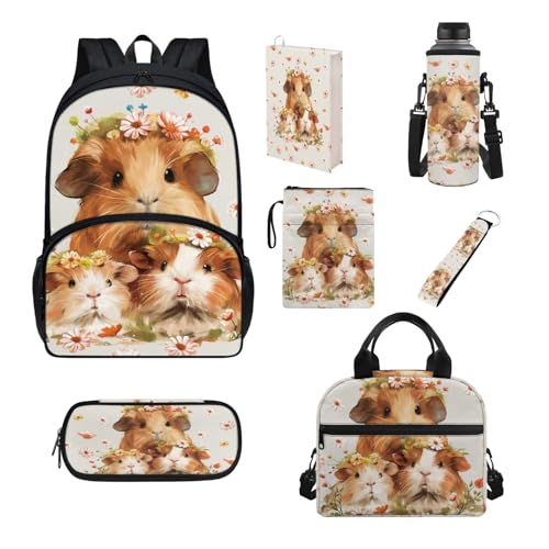 Howilath Schultaschen-Set für Kinder, isolierte Lunchtasche, Federmäppchen, Teenager, Mädchen, Schulbedarf, Buchhülle, Flaschenhülle, Florales Meerschweinchen von Howilath