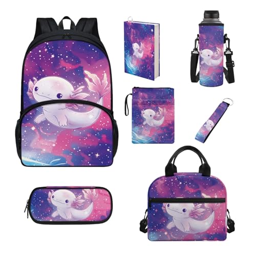 Howilath Schultaschen-Set für Kinder, isolierte Lunchtasche, Federmäppchen, Teenager, Mädchen, Schulbedarf, Buchhülle, Flaschenhülle, Galaxy Axolotl von Howilath