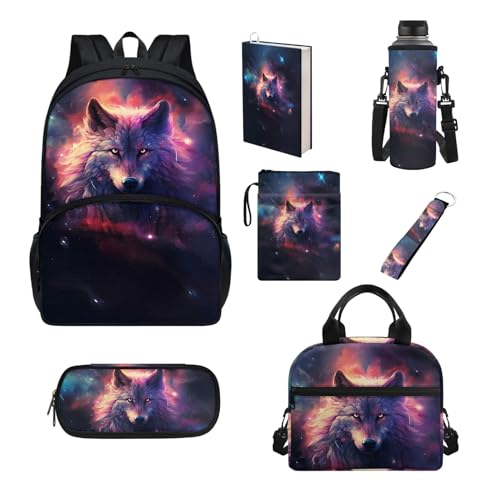 Howilath Schultaschen-Set für Kinder, isolierte Lunchtasche, Federmäppchen, Teenager, Mädchen, Schulbedarf, Buchhülle, Flaschenhülle, Galaxy Wolf von Howilath