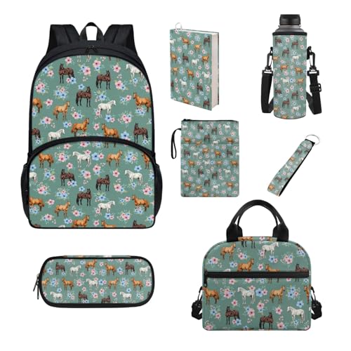 Howilath Schultaschen-Set für Kinder, isolierte Lunchtasche, Federmäppchen, Teenager, Mädchen, Schulbedarf, Buchhülle, Flaschenhülle, Pferdeblume von Howilath