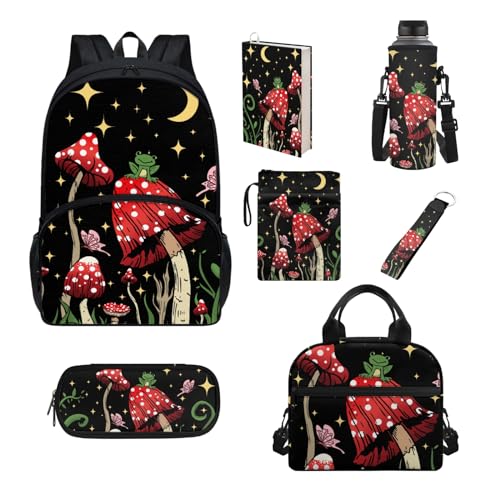 Howilath Schultaschen-Set für Kinder, isolierte Lunchtasche, Federmäppchen, Teenager, Mädchen, Schulbedarf, Buchhülle, Flaschenhülle, Roter Pilz von Howilath