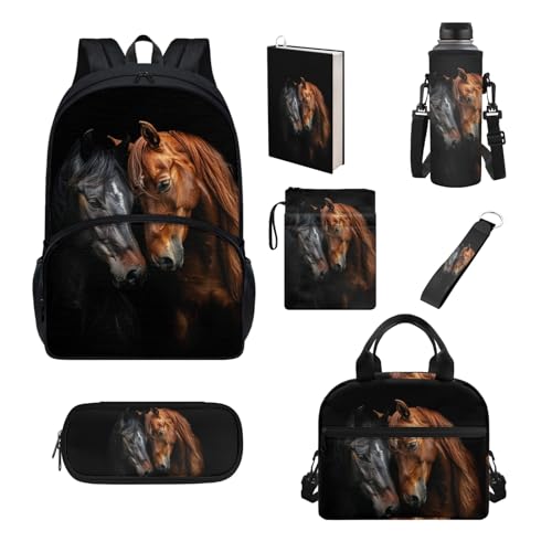 Howilath Schultaschen-Set für Kinder, isolierte Lunchtasche, Federmäppchen, Teenager, Mädchen, Schulbedarf, Buchhülle, Flaschenhülle, Schwarzes Pferd von Howilath