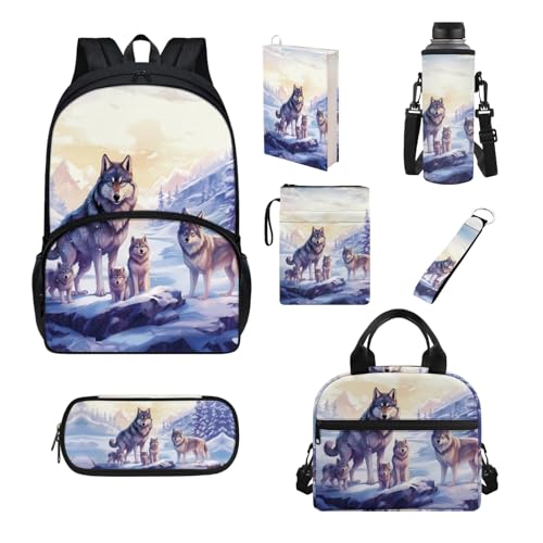 Howilath Schultaschen-Set für Kinder, isolierte Lunchtasche, Federmäppchen, Teenager, Mädchen, Schulbedarf, Buchhülle, Flaschenhülle, Wolf Familie von Howilath