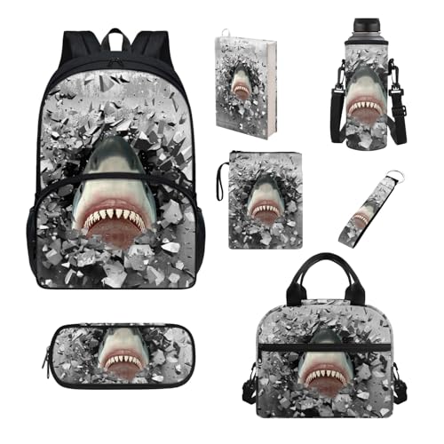 Howilath Schultaschen-Set für Kinder, isolierte Lunchtasche, Federmäppchen, Teenager, Mädchen, Schulbedarf, Buchhülle, Flaschenhülle, hai von Howilath