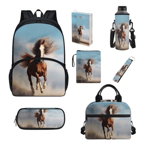 Howilath Schultaschen-Set für Kinder, isolierte Lunchtasche, Federmäppchen, Teenager, Mädchen, Schulbedarf, Buchhülle, Flaschenhülle, pferd von Howilath