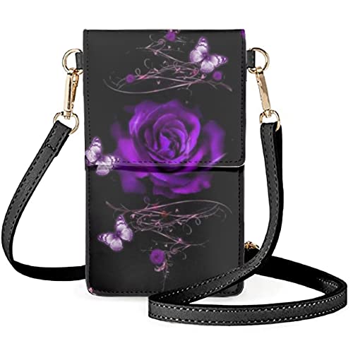 Howilath Schwarze Katze weißes Muster Damen Touchscreen Handy Geldbörsen und Geldbörse Mini Handytaschen Frauen mit Gurt, Violette Rose und Schmetterling von Howilath