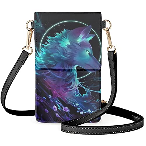 Howilath Schwarze Katze weißes Muster Damen Touchscreen Handy Geldbörsen und Geldbörse Mini Handytaschen Frauen mit Gurt, Wolf Galaxy Blumendruck von Howilath