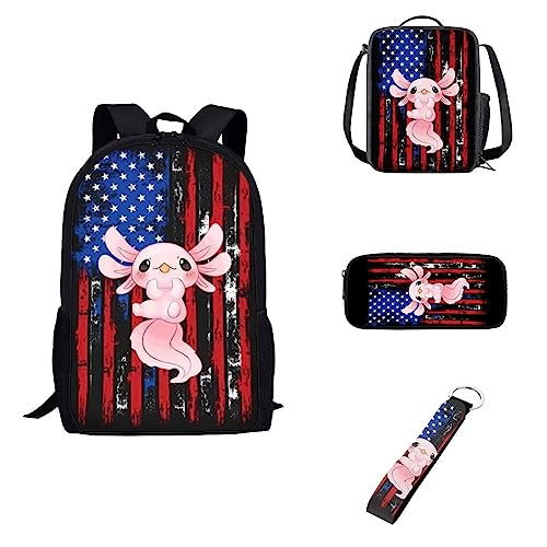 Howilath Totenkopf Rose Blume Schwarz Daypack+Lunch Case+Stifte+Auto Schlüsselanhänger Kinder Jungen Mädchen Zurück zur Schule Geschenke, Amerikanische Flagge Axolotl, Lässiger Tagesrucksack von Howilath