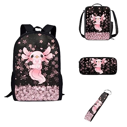 Howilath Schwarzer Tagesrucksack mit Totenkopf-Motiv, Rosen-Blume, Lunch-Etui, Stifttasche, Auto-Schlüsselanhänger, für Kinder, Jungen, Mädchen, Geschenke zum Schulanfang, Axolotl Kirschblüten Floral, Lässiger Tagesrucksack von Howilath