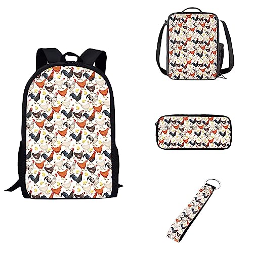 Howilath Schwarzer Tagesrucksack mit Totenkopf-Motiv, Rosen-Blume, Lunch-Etui, Stifttasche, Auto-Schlüsselanhänger, für Kinder, Jungen, Mädchen, Geschenke zum Schulanfang, Hahn, Lässiger Tagesrucksack von Howilath