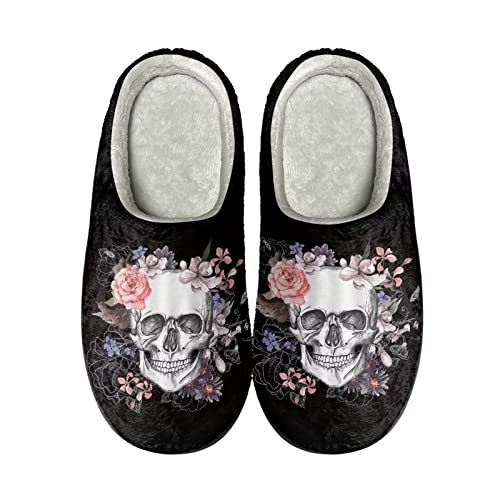 Howilath Skull Flower Skeleton Schwarz Designer Herren Bequeme Warme Gemütliche Freizeitpantoffeln Damen Leichte Slip On Slippers-37-38 von Howilath