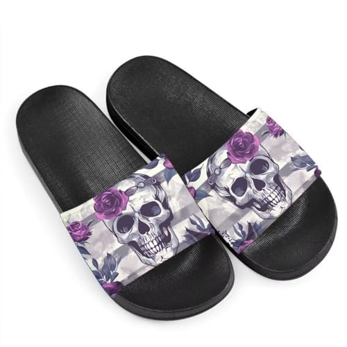 Howilath Sommer-Slipper für Damen und Kinder, bequeme weiche Sohle, rutschfeste Hausschuhe, Gothic Skull Purple Rose Flower, 38.5 EU Weit von Howilath