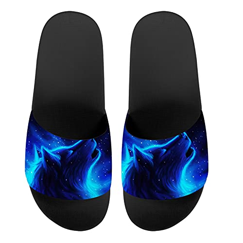 Howilath Süße Tier-Damensandalen mit offenem Zehenbereich, flach, Mandala, Galaxie, Schmetterlinge, buntes Design, - Blauer Wolf - Größe: 38.5 EU von Howilath