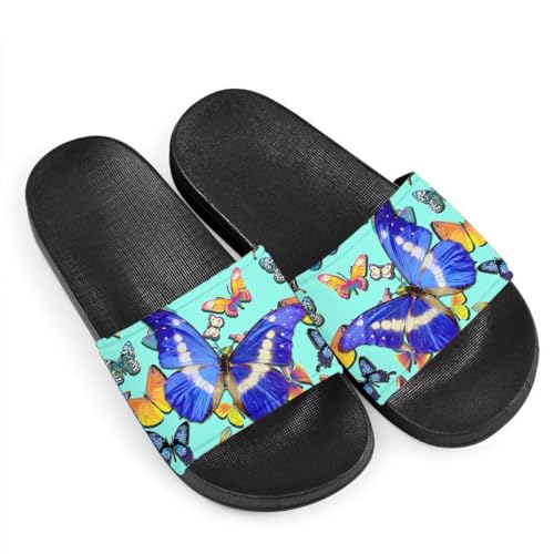 Howilath Süße Tier-Damensandalen mit offenem Zehenbereich, flach, Mandala, Galaxie, Schmetterlinge, buntes Design, - blau mit schmetterlingen - Größe: 40.5 EU von Howilath