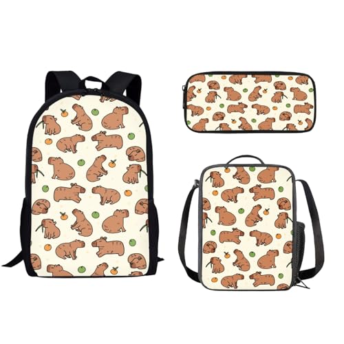 Howilath T-rex Rucksack für Schule, Kinder, 43,2 cm (17 Zoll), Batik-Büchertasche, Schultasche mit Lunchtasche, Federmäppchen, Capybara von Howilath