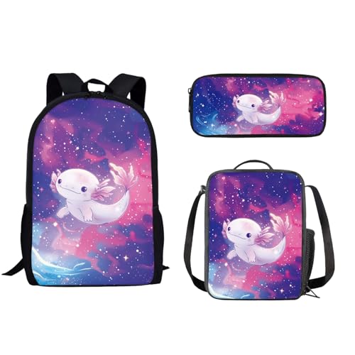 Howilath T-rex Rucksack für Schule, Kinder, 43,2 cm (17 Zoll), Batik-Büchertasche, Schultasche mit Lunchtasche, Federmäppchen, Galaxy Axolotl von Howilath