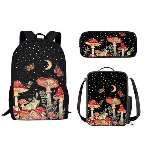 Howilath T-rex Rucksack für Schule, Kinder, 43,2 cm (17 Zoll), Batik-Büchertasche, Schultasche mit Lunchtasche, Federmäppchen, Mondnacht-Pilz von Howilath