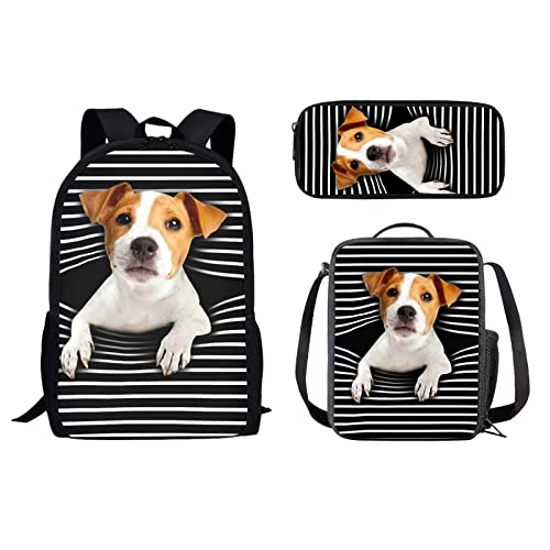 Howilath T-rex Rucksack für Schule Kinder Set, Wolf 43,2 cm Rucksack-Set, Batik-Büchertasche, Schultasche mit Lunchtasche Federmäppchen, Jack Russell Terrier, 17 inch (3PCS Set), Schulranzen-Set von Howilath