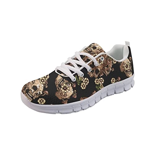 Howilath Totenkopf Kopf Blume Schwarze Sneakers Bequeme Laufschuhe Freizeitsportschuhe Leichte Turnschuhe für Männer Frauen weiß-42 von Howilath