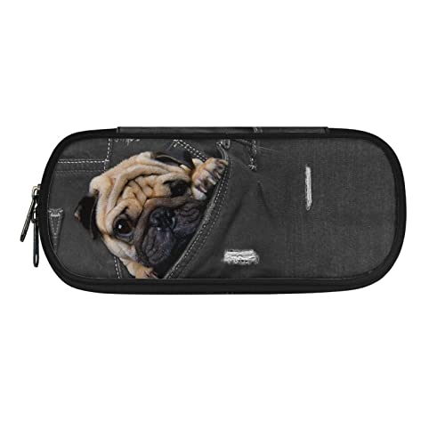 Howilath Tragbares Federmäppchen für Kinder, für Jungen und Mädchen, Schulbedarf, Organizer, Federmäppchen, Denim-Tasche Mops Hund, 8.8"L x 1.7"W x 4.1"H, Schulranzen von Howilath