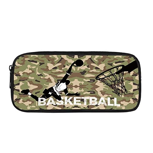 Howilath USA Flagge Schwarz Federtasche Ästhetisches Federmäppchen Amerikanische Flagge Stifttasche Canvas Stifttasche für Kinder Jungen Mädchen, Basketball Camo, Schulranzen von Howilath