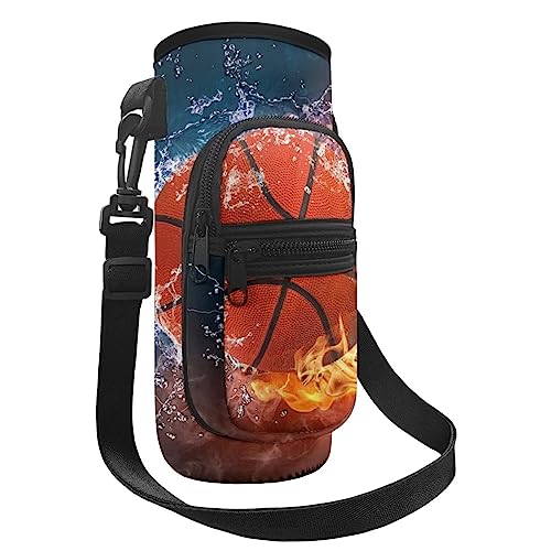 Howilath Wasserflasche Sleeve Wasser und Feuer Basketball Schwarz Wasserflasche Tasche mit Gurt Wasserflasche Träger für Kinder von Howilath