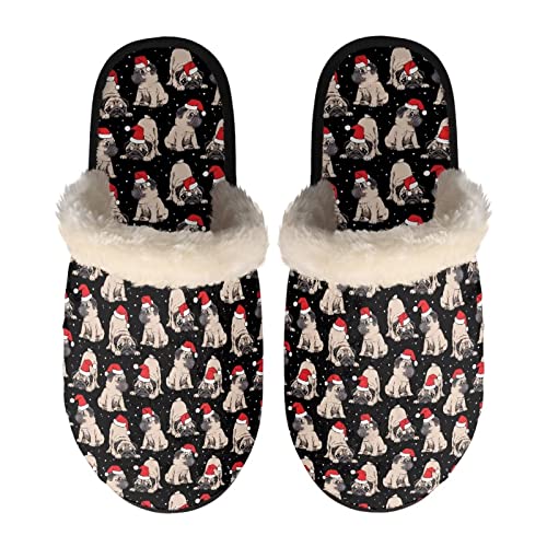 Howilath Weihnachten Mops Welpe Schwarz Designer Indoor Hausschuhe Leichte Haus Hausschuhe Casual Slip-on Hausschuhe für Männer-L von Howilath