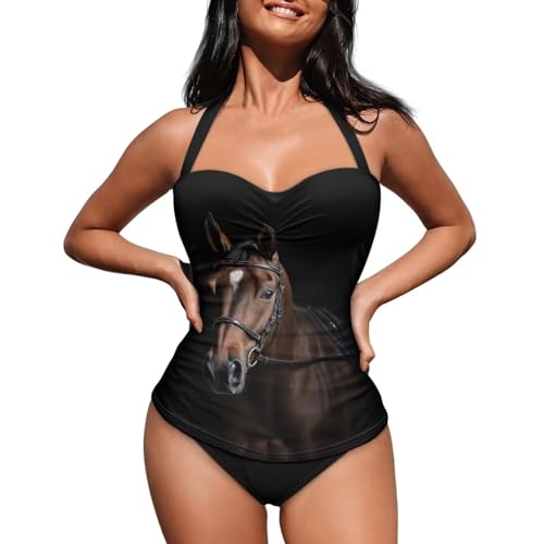 Howilath Wolf Galaxy Damen Tankini Sternenhimmel Neckholder Badeanzug Einteiler Bademode Schwarz Rückenfrei Badeanzug, 3d braune Pferde, XL von Howilath