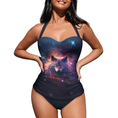 Howilath Wolf Galaxy Damen Tankini Sternenhimmel Neckholder Badeanzug Einteiler Bademode Schwarz Rückenfrei Badeanzug, Wolf, Stern, Himmel, L von Howilath