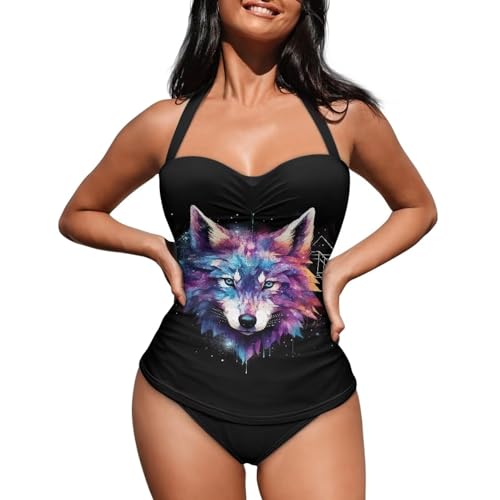 Howilath Wolf Galaxy Damen Tankini Sternenhimmel Neckholder Badeanzug Einteiler Bademode Schwarz Rückenfrei Badeanzug, Wolf Galaxie, M von Howilath