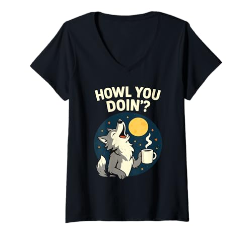 Damen Lustiger Wolf Coffee Howl You Doin' Pun Moon Art Design T-Shirt mit V-Ausschnitt von Howl Are You Wolf Apparel