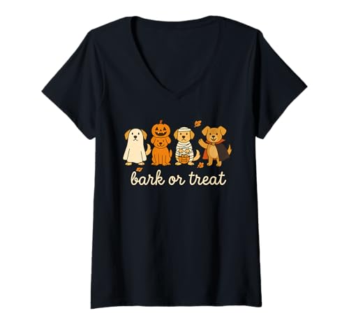 Damen Bark or Treat Lustiges Halloween-Hundekostüm T-Shirt mit V-Ausschnitt Damen Bark or Treat Lustiges Halloween-Hundekostüm T-Shirt mit V-Ausschnitt von Howl-O-Ween Pups Co.