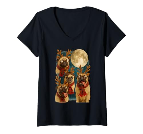 Damen Lustiges Rentier Mops Meme Fullmoon Weihnachten T-Shirt mit V-Ausschnitt Damen Lustiges Rentier Mops Meme Fullmoon Weihnachten T-Shirt mit V-Ausschnitt von Howling Meme Pugs Dog Lover XMAS Animal Design