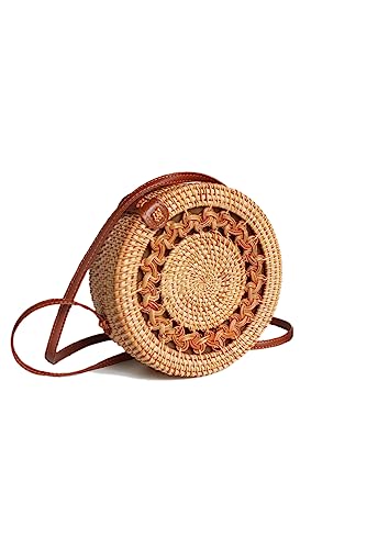 Ulisty Hohl-geschnitztes Design Rund Rattan Tasche Kreis Strohbeutel Handgefertigte Tasche Weben Korb Handgewebte Tasche Sommer-Strandtasche Schultertasche Umhängetasche für Damen/Frauen Khaki Futter von Ulisty