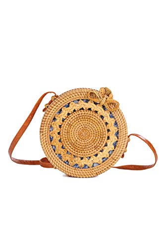 Ulisty Hohl-geschnitztes Design Rund Rattan Tasche Kreis Strohbeutel Handgefertigte Tasche Weben Korb Handgewebte Tasche Sommer-Strandtasche Schultertasche Umhängetasche für Damen/Frauen Blau Futter von Ulisty