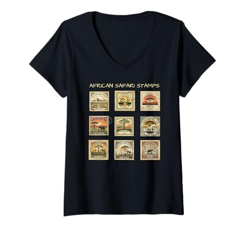 Damen Afrikanische Safari Briefmarken-Sammlung Vintage Wildlife Porto T-Shirt mit V-Ausschnitt Damen Afrikanische Safari Briefmarken-Sammlung Vintage Wildlife Porto T-Shirt mit V-Ausschnitt von Howzit South Africa
