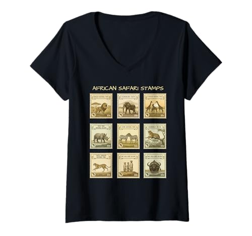 Damen Afrikanische Safari Briefmarken-Sammlung Vintage Wildlife Porto T-Shirt mit V-Ausschnitt Damen Afrikanische Safari Briefmarken-Sammlung Vintage Wildlife Porto T-Shirt mit V-Ausschnitt von Howzit South Africa