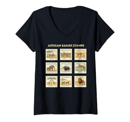 Damen Afrikanische Safari Briefmarken-Sammlung Vintage Wildlife Porto T-Shirt mit V-Ausschnitt Damen Afrikanische Safari Briefmarken-Sammlung Vintage Wildlife Porto T-Shirt mit V-Ausschnitt von Howzit South Africa