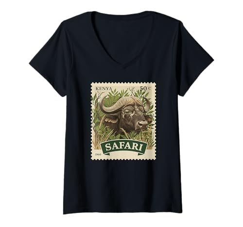 Damen Afrikanische Safari-Stempel, Büffel, Kenia, Porto, Vintage T-Shirt mit V-Ausschnitt Damen Afrikanische Safari-Stempel, Büffel, Kenia, Porto, Vintage T-Shirt mit V-Ausschnitt von Howzit South Africa