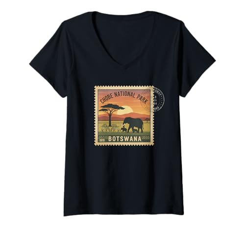 Damen Afrikanische Safari-Stempel, Chobe National Park Botswana Porto T-Shirt mit V-Ausschnitt Damen Afrikanische Safari-Stempel, Chobe National Park Botswana Porto T-Shirt mit V-Ausschnitt von Howzit South Africa
