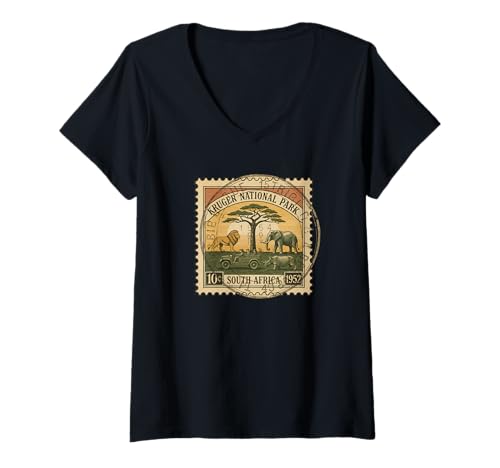 Damen Afrikanische Safari-Stempel, Krüger-Nationalpark, Porto, Vintage T-Shirt mit V-Ausschnitt Damen Afrikanische Safari-Stempel, Krüger-Nationalpark, Porto, Vintage T-Shirt mit V-Ausschnitt von Howzit South Africa