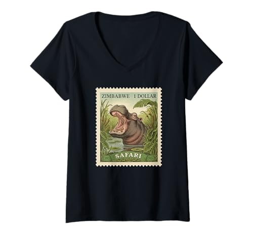 Damen Afrikanische Safari-Stempel, Nilpferd, Simbabwe T-Shirt mit V-Ausschnitt Damen Afrikanische Safari-Stempel, Nilpferd, Simbabwe T-Shirt mit V-Ausschnitt von Howzit South Africa