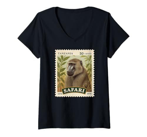 Damen Afrikanische Safari-Stempel Baboon Tansania Porto Vintage T-Shirt mit V-Ausschnitt Damen Afrikanische Safari-Stempel Baboon Tansania Porto Vintage T-Shirt mit V-Ausschnitt von Howzit South Africa