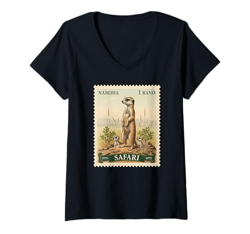 Damen Afrikanische Safari-Stempel Erdmännchen Namibia Porto Vintage T-Shirt mit V-Ausschnitt Damen Afrikanische Safari-Stempel Erdmännchen Namibia Porto Vintage T-Shirt mit V-Ausschnitt von Howzit South Africa